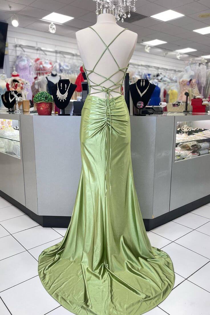 Long Sage Formal Dress Corset Satin Prom Dress Scoop Neck with Slit