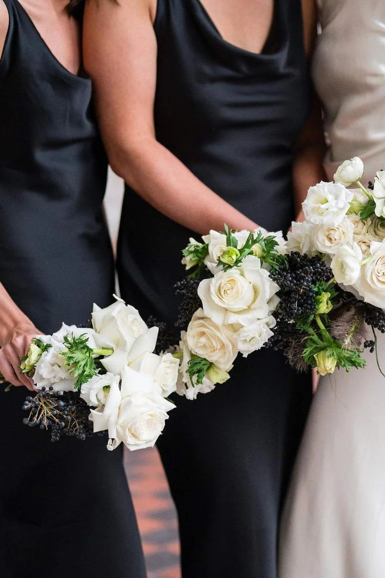 Long Satin beach Bridesmaid Dress Black Straps Sleeveless Cowl Neck