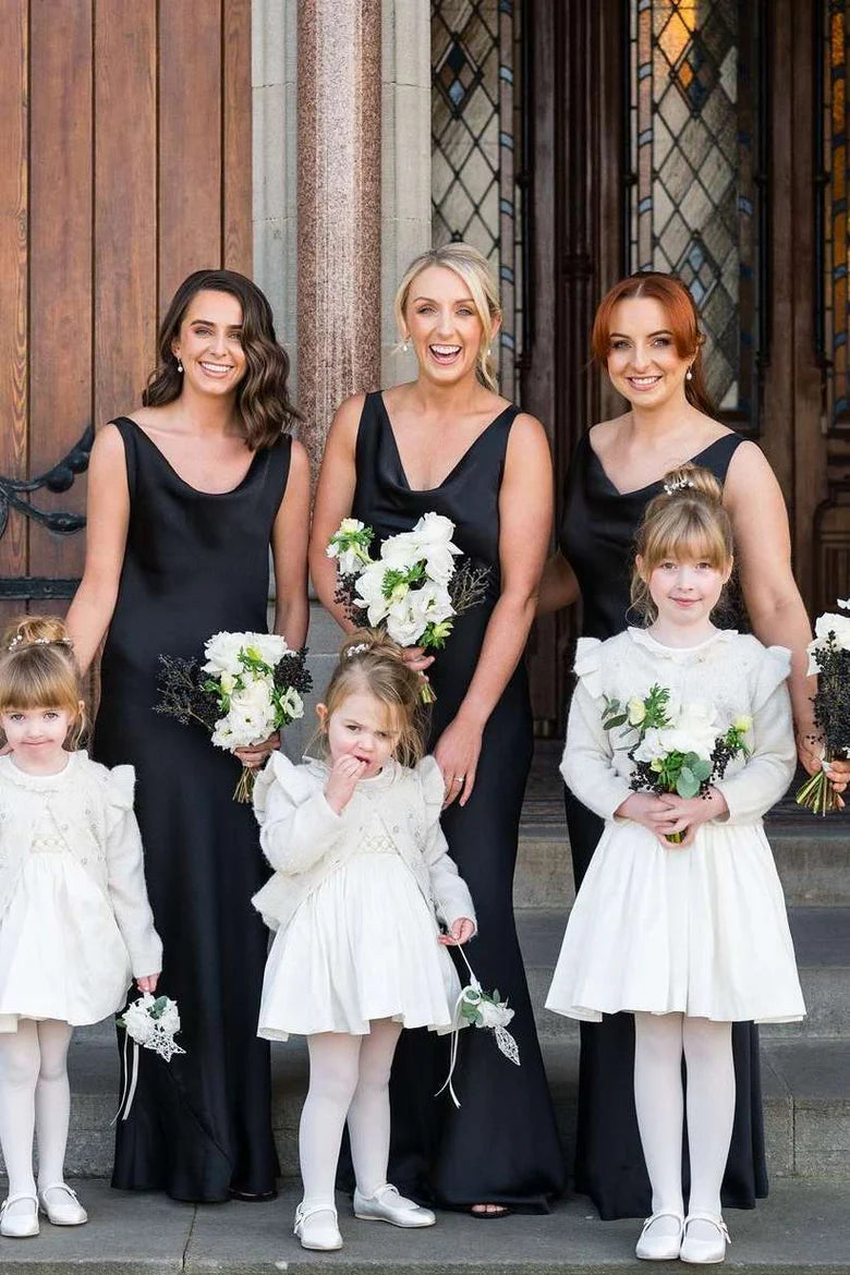 Long Satin beach Bridesmaid Dress Black Straps Sleeveless Cowl Neck