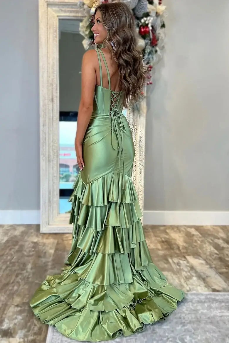Sage Green Fitted Prom Dress Long Satin V Neck Ruffles