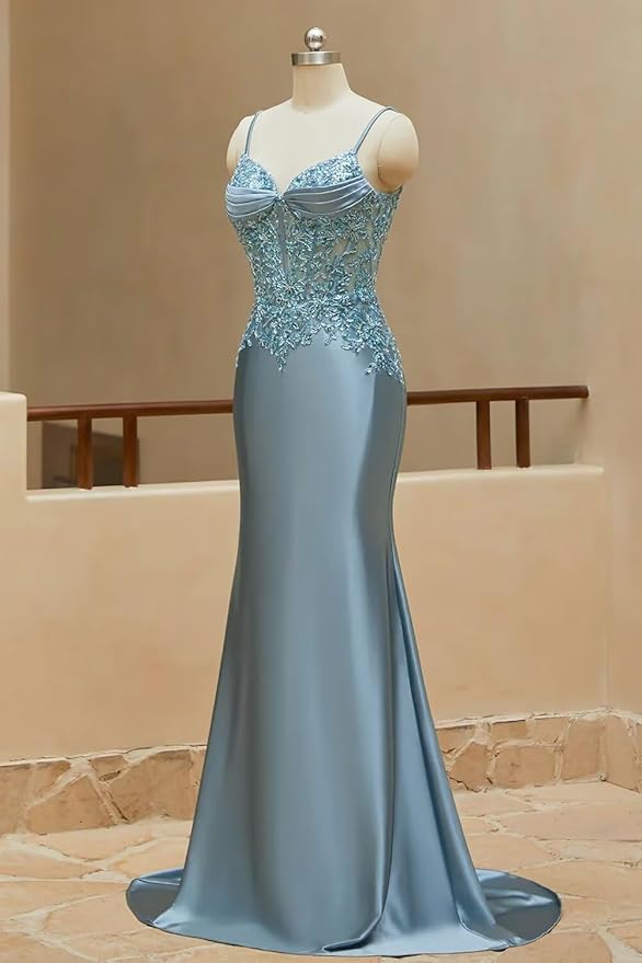 Long Silk Satin Mermaid Lace Beaded Prom Dresses for Women