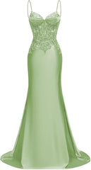 Long Silk Satin Mermaid Lace Beaded Prom Dresses for Women