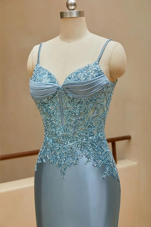 Long Silk Satin Mermaid Lace Beaded Prom Dresses for Women