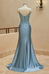 Long Silk Satin Mermaid Lace Beaded Prom Dresses for Women