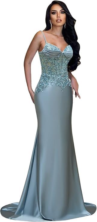 Long Silk Satin Mermaid Lace Beaded Prom Dresses for Women