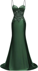 Long Silk Satin Mermaid Lace Beaded Prom Dresses for Women