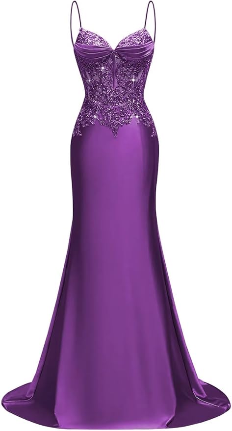 Long Silk Satin Mermaid Lace Beaded Prom Dresses for Women