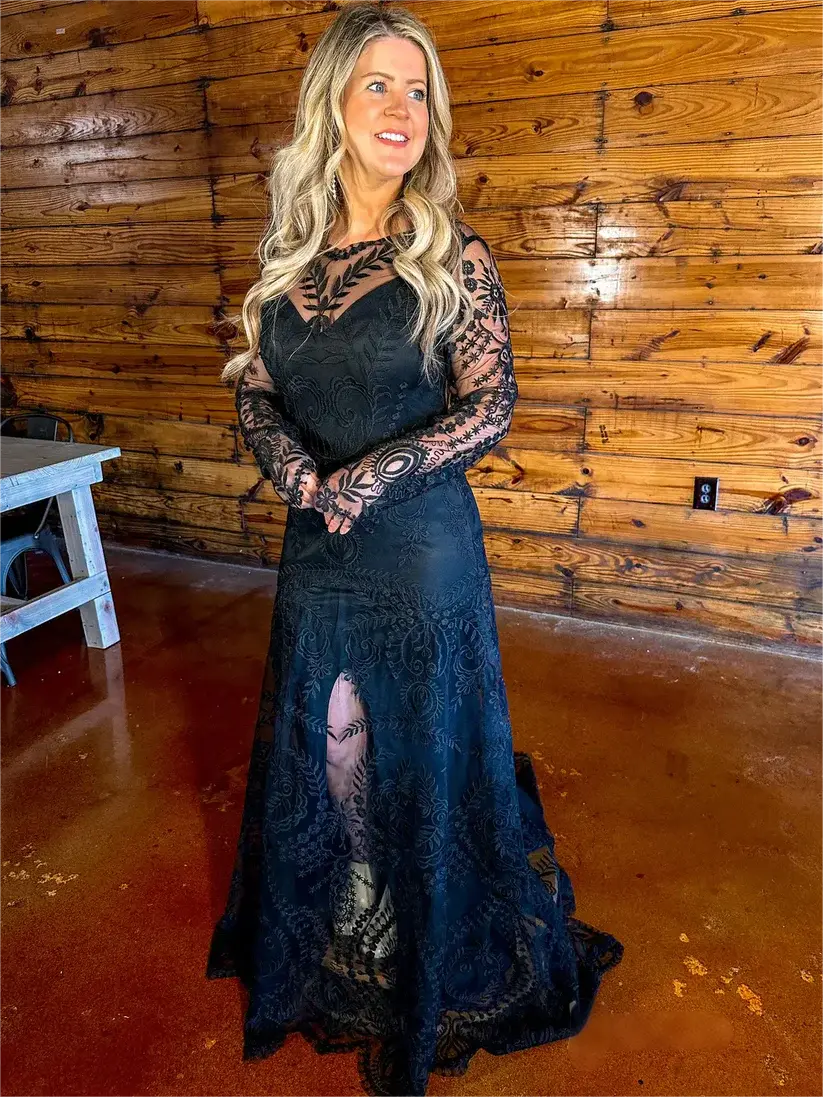 Long Sleeve Boho Black Wedding Dress Lace with Nude Lining Mychicdress