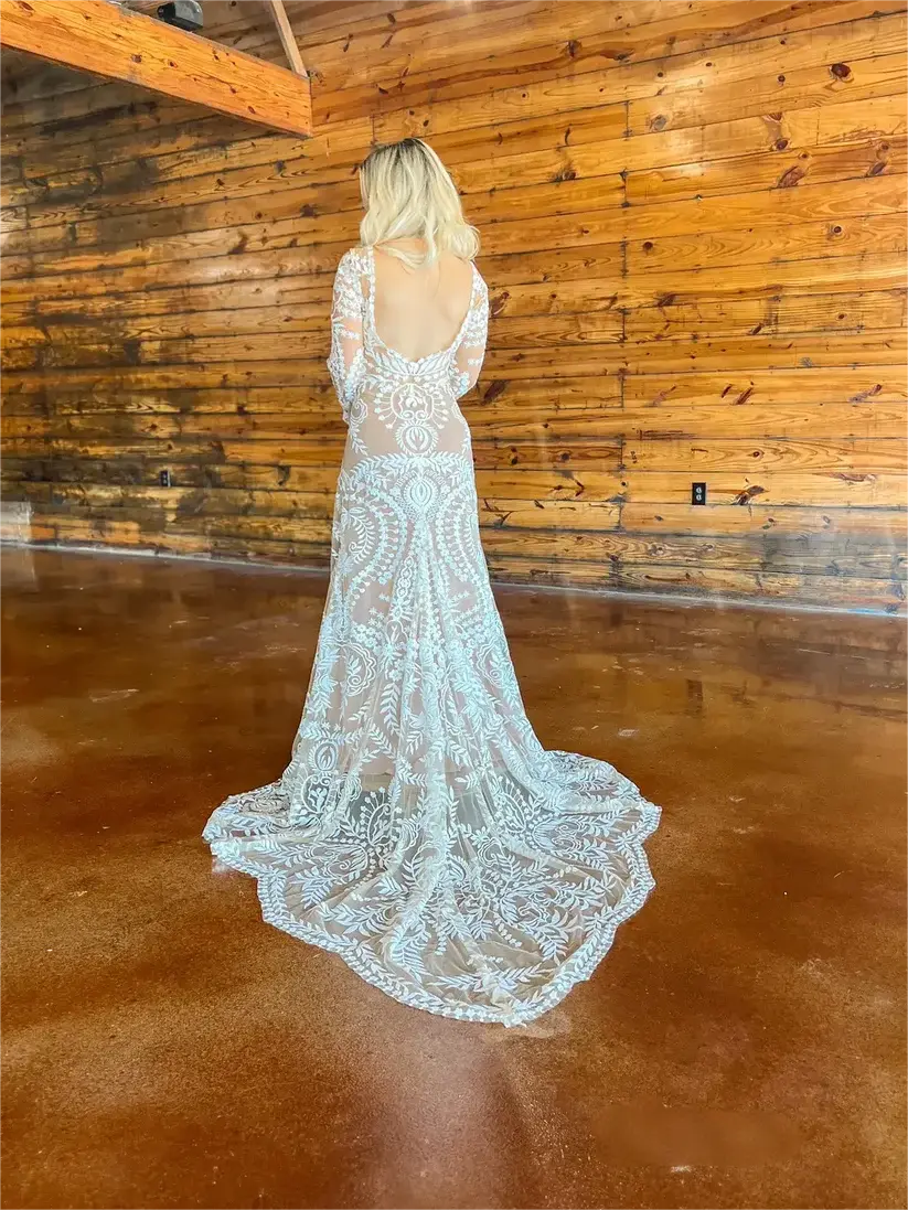 Long Sleeve Boho Black Wedding Dress Lace with Nude Lining