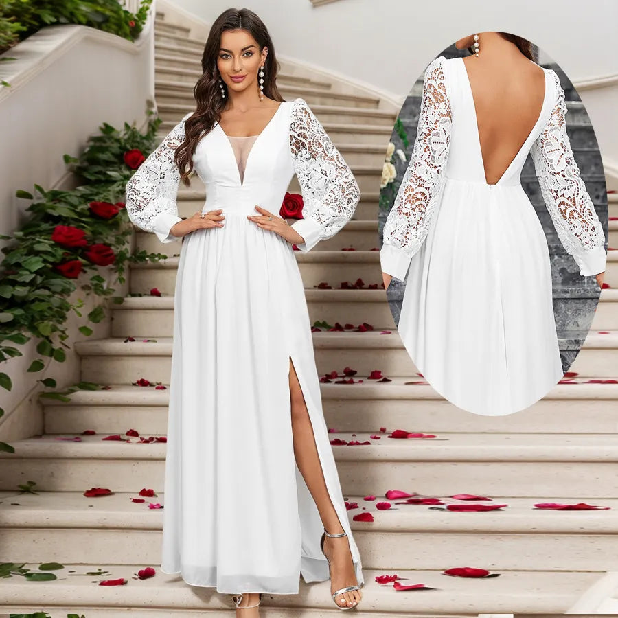 Long Sleeve Wedding Guest Dress White Chiffon Evening Dresses Backless Mychicdress