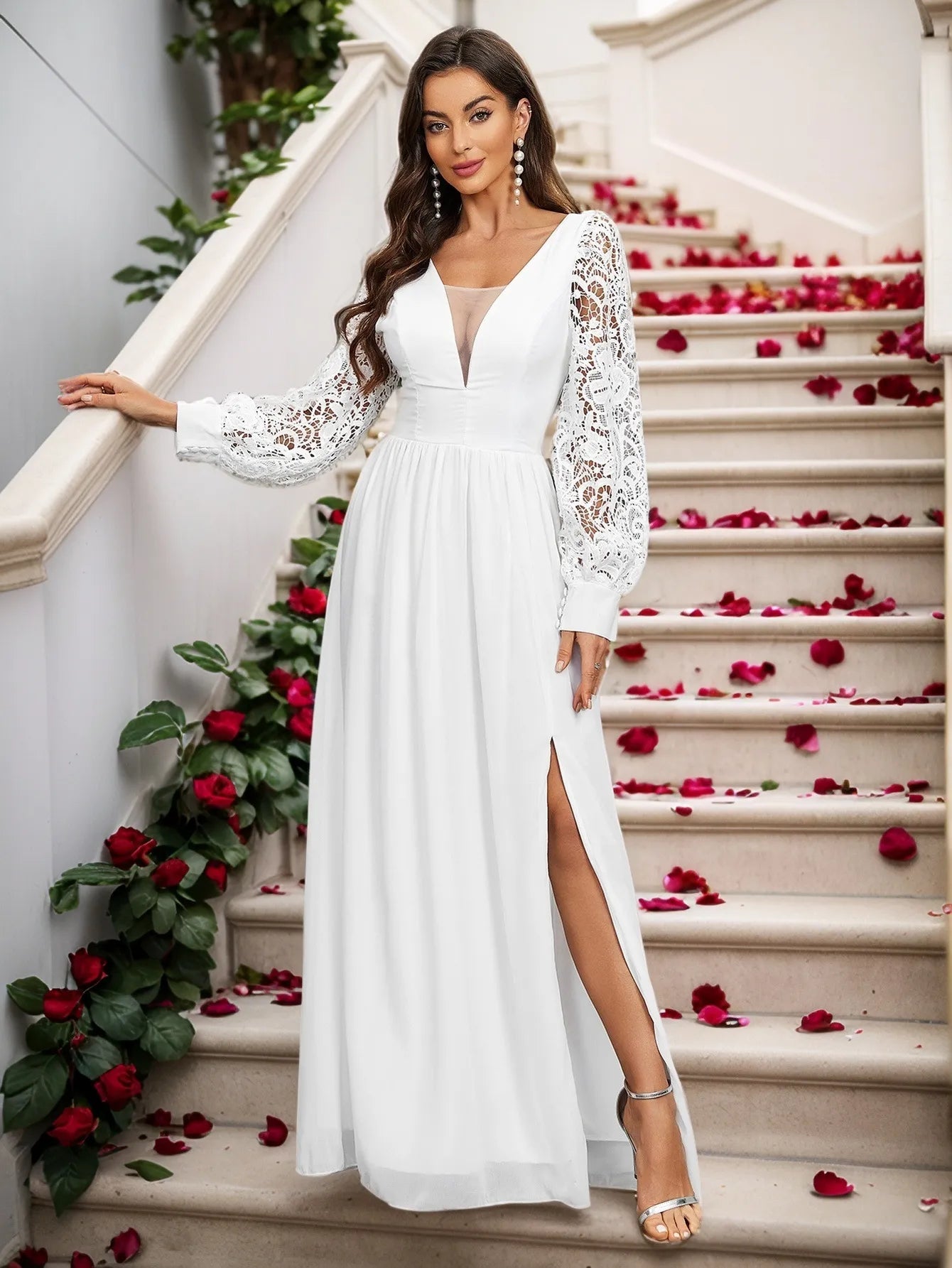 Long Sleeve Wedding Guest Dress White Chiffon Evening Dresses Backless Mychicdress