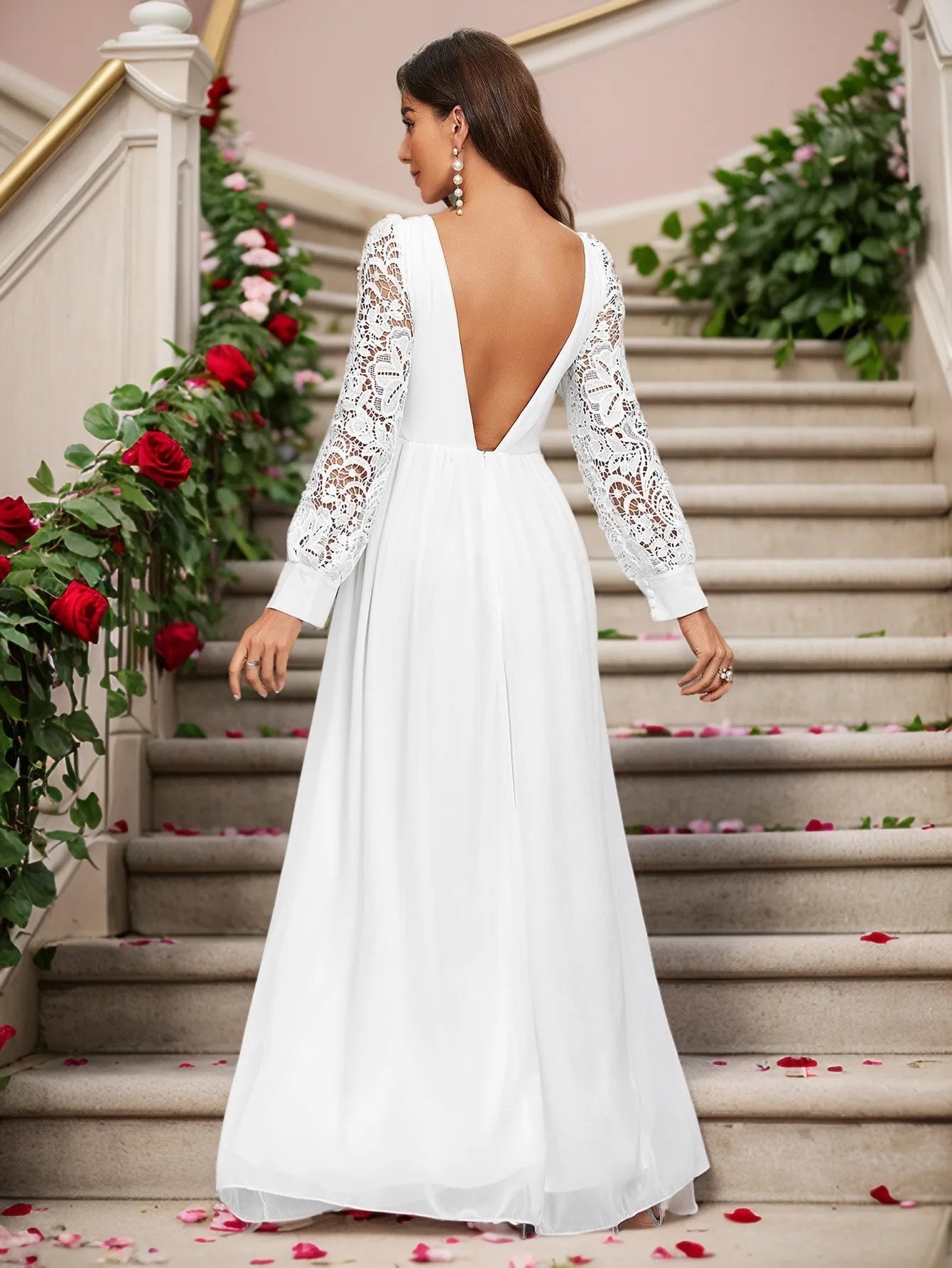 Long Sleeve Wedding Guest Dress White Chiffon Evening Dresses Backless Mychicdress