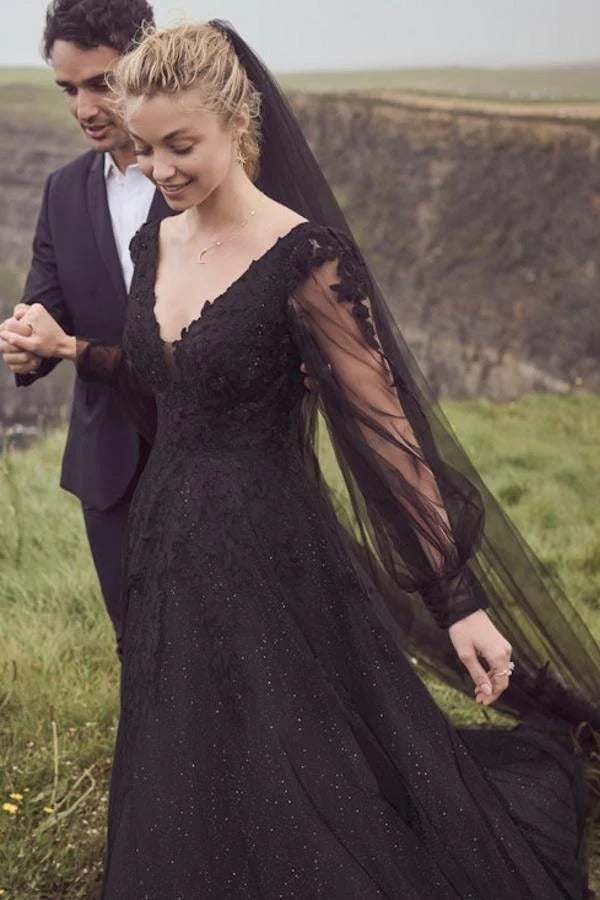 Long Sleeves Black Wedding Dress Lace A-line V-neck Backless