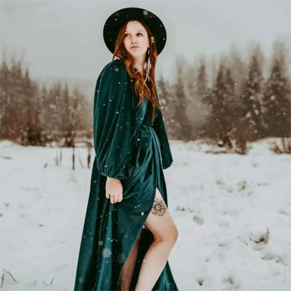 Long Sleeves Emerald Green Velvet Maternity Dress for PhotoShoot