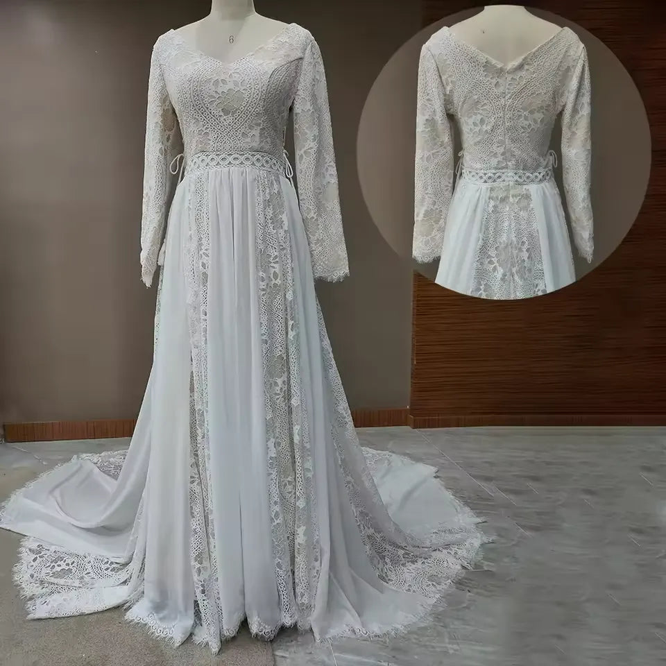 Long Sleeves Lace Beach Wedding Dresses Boho Chiffon V Neck