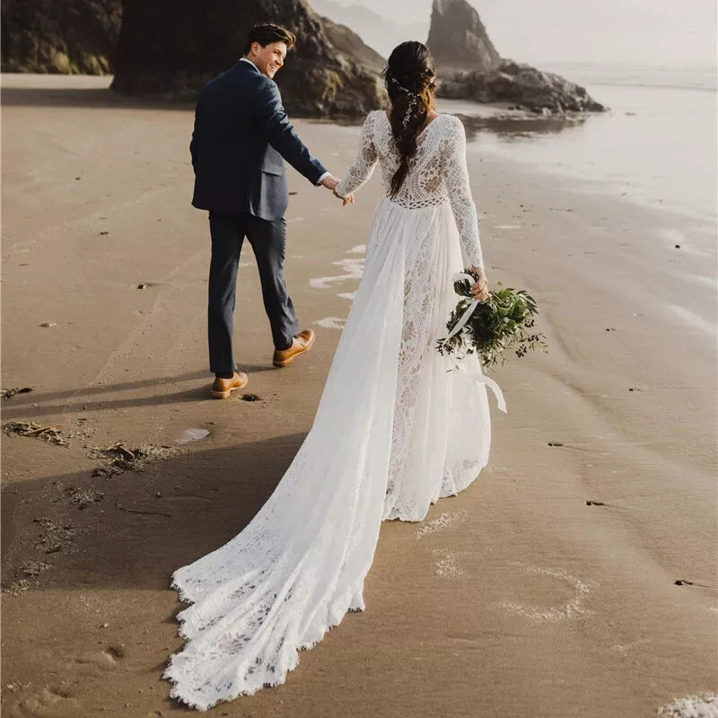 Long Sleeves Lace Beach Wedding Dresses Boho Chiffon V Neck