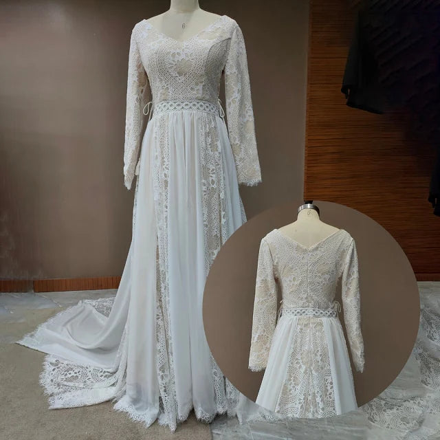Long Sleeves Lace Beach Wedding Dresses Boho Chiffon V Neck
