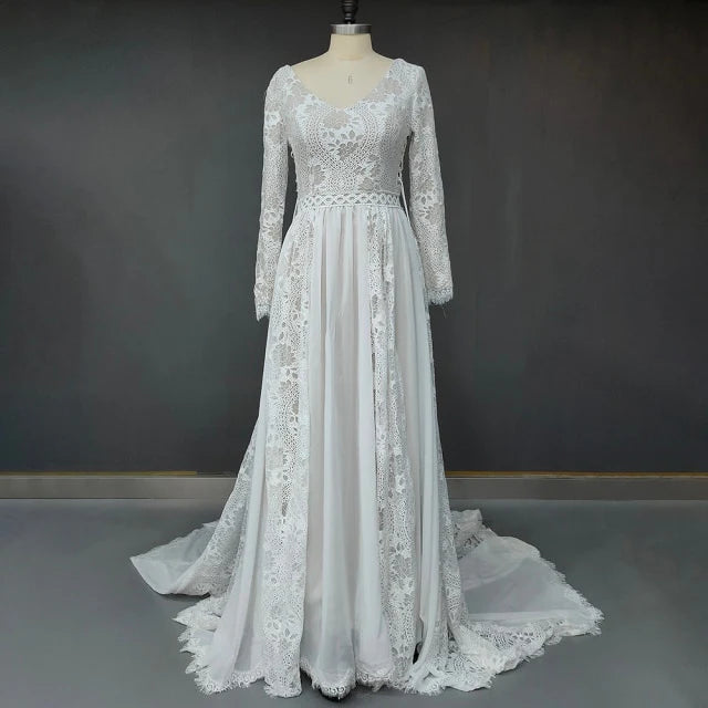 Long Sleeves Lace Beach Wedding Dresses Boho Chiffon V Neck