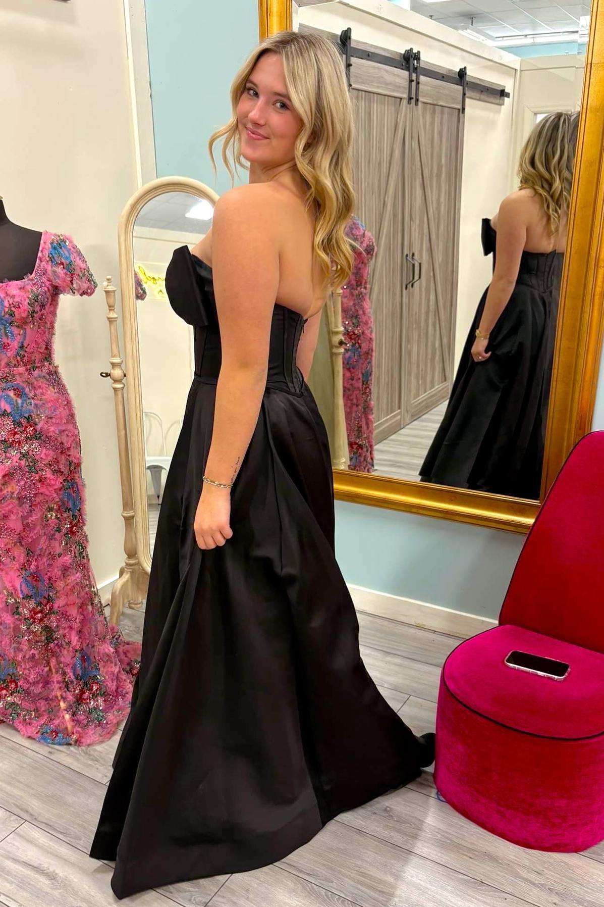 Long Strapless Black Prom Dresses Satin Backless With High Slit