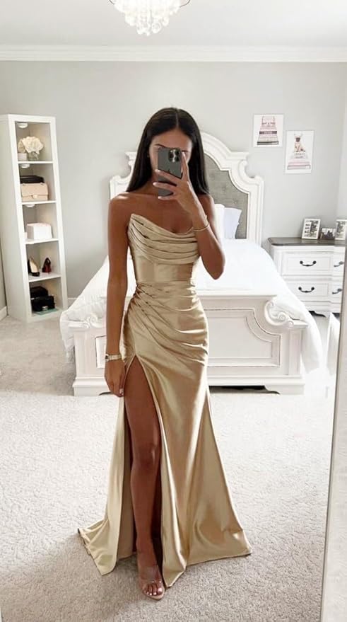 Gold Strapless Prom Dresses with Slit Satin Formal Dresses for Women