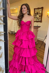 Long 2025 Tiered Hot Pink Prom Dress A-Line