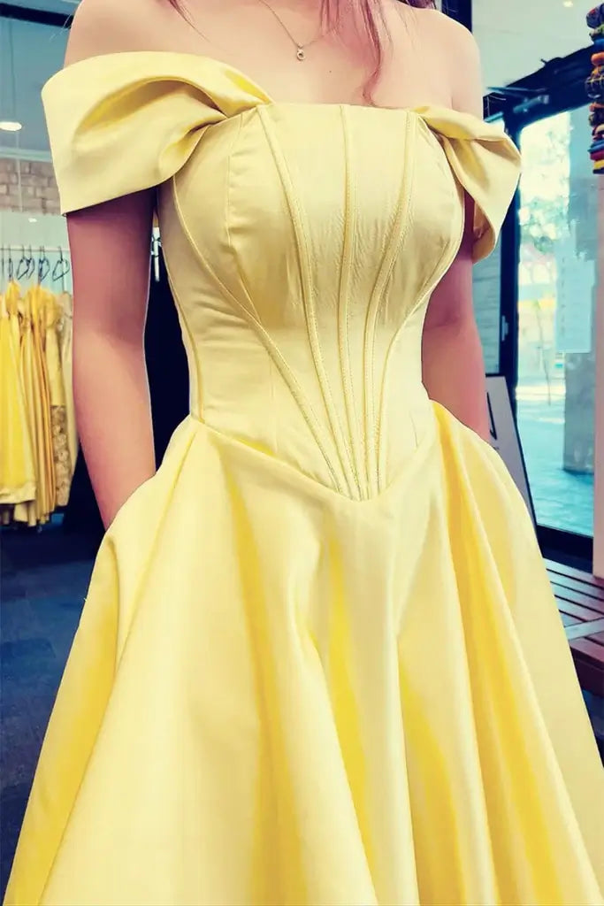 Long Yellow Evening Dress Satin Corset Prom Dress with Pocket