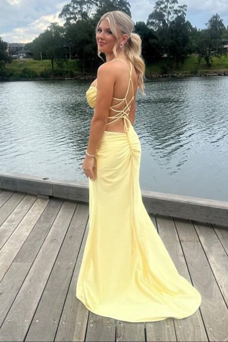 Long Formal Dress yellow Corset Satin Prom Dress Scoop Neck with Slit