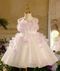 Luxury A Line White Flower Girl Dress Short Birthday Party Dress with Feathers Mychicdress