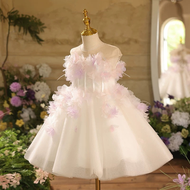 Luxury A Line White Flower Girl Dress Short Birthday Party Dress with Feathers Mychicdress