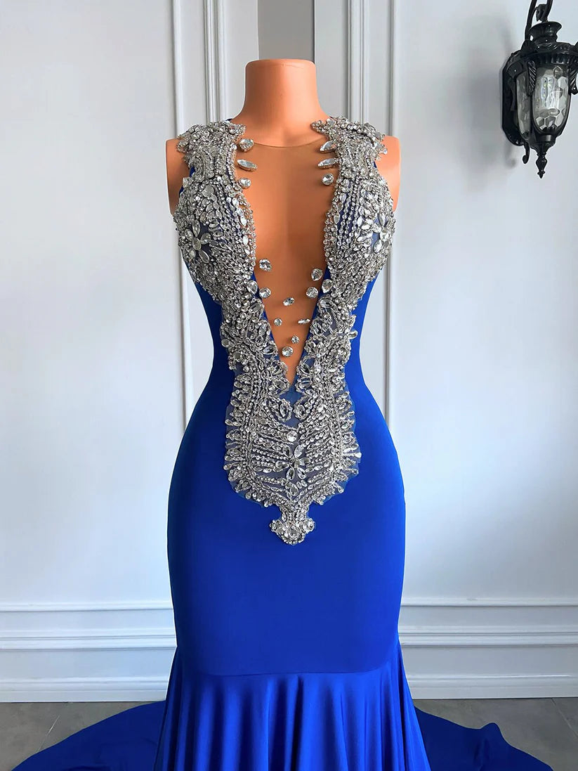 Luxury Black Girl Prom Dress Royal Blue Sparkly Gowns Mermaid Mychicdress