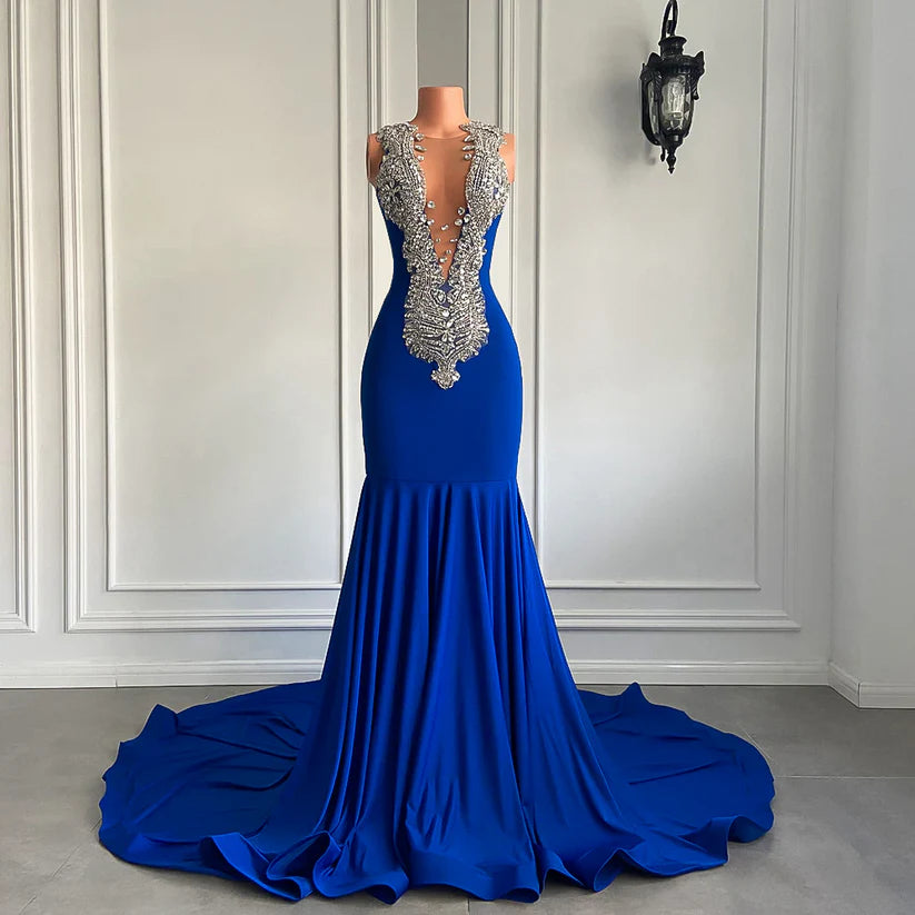 Luxury Black Girl Prom Dress Royal Blue Sparkly Gowns Mermaid Mychicdress