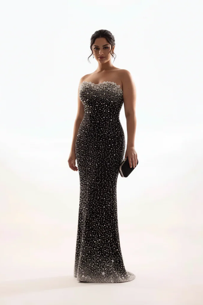 Luxury Black Prom Dress with Pearls Strapless Evening Gown Mychicdress