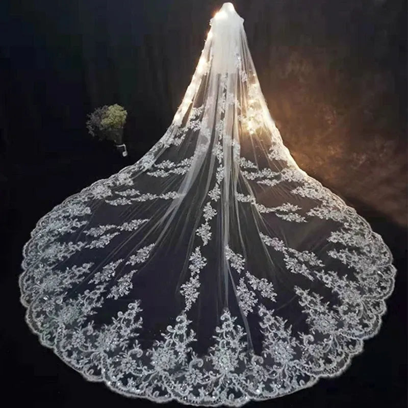 Luxury Lace Cathedral Wedding Veils With Comb Long Bridal Veil Applique