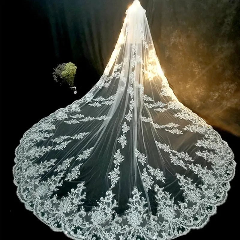 Luxury Lace Cathedral Wedding Veils With Comb Long Bridal Veil Applique