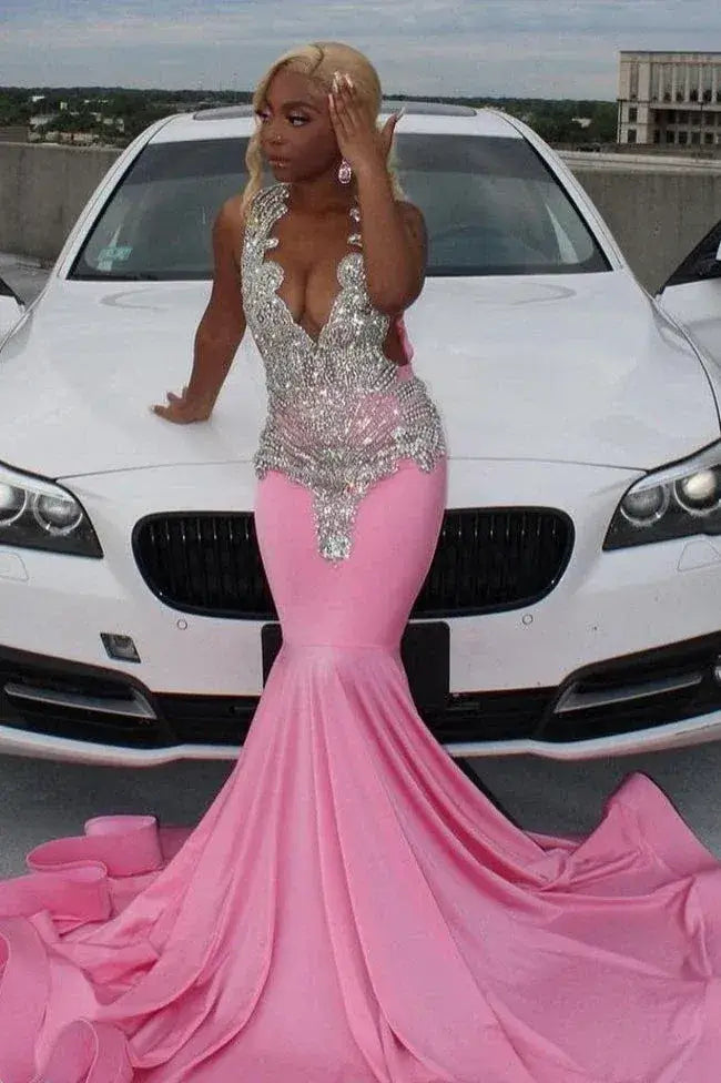 Luxury Mermaid Pink Satin Prom Dresses Sleeveless Silver Beads