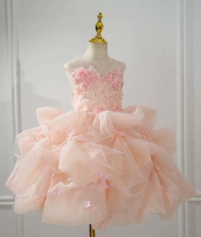Luxury Pink Flower Girl Dress Tulle Short Pageant Dress for Little girls
