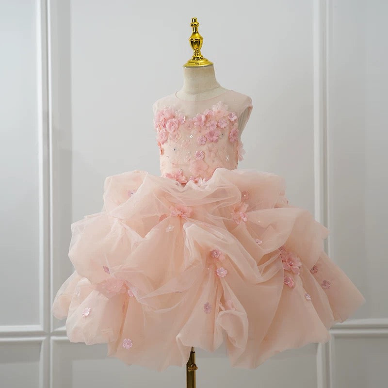 Luxury Pink Flower Girl Dress Tulle Short Pageant Dress for Little girls