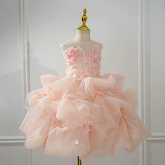 Luxury Pink Flower Girl Dress Tulle Short Pageant Dress for Little girls
