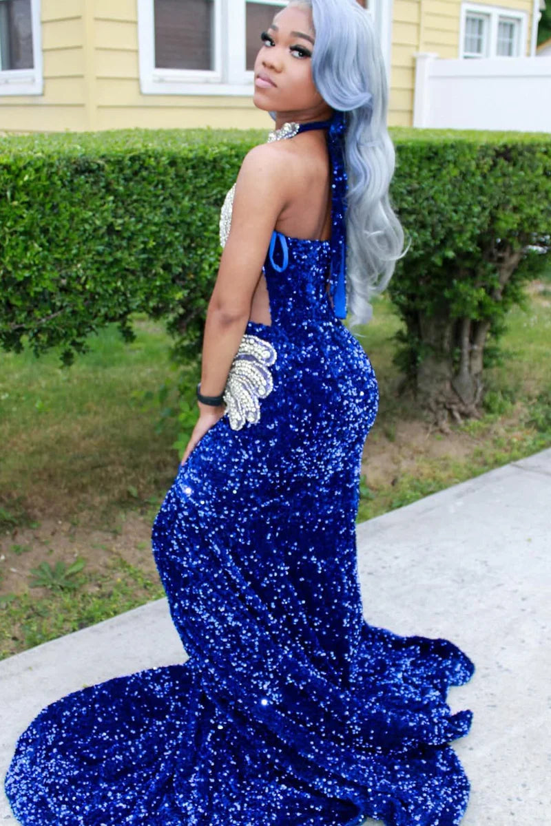 Luxury Royal Blue Sequin Long Prom Dress Silver Beaded Court Train