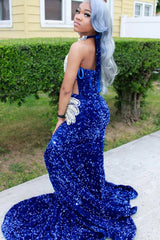 Luxury Royal Blue Sequin Long Prom Dress Silver Beaded Court Train