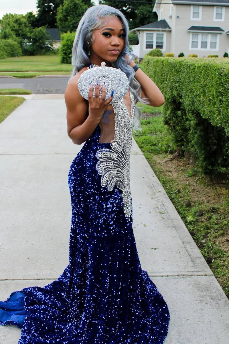 Luxury Royal Blue Sequin Long Prom Dress Silver Beaded Court Train