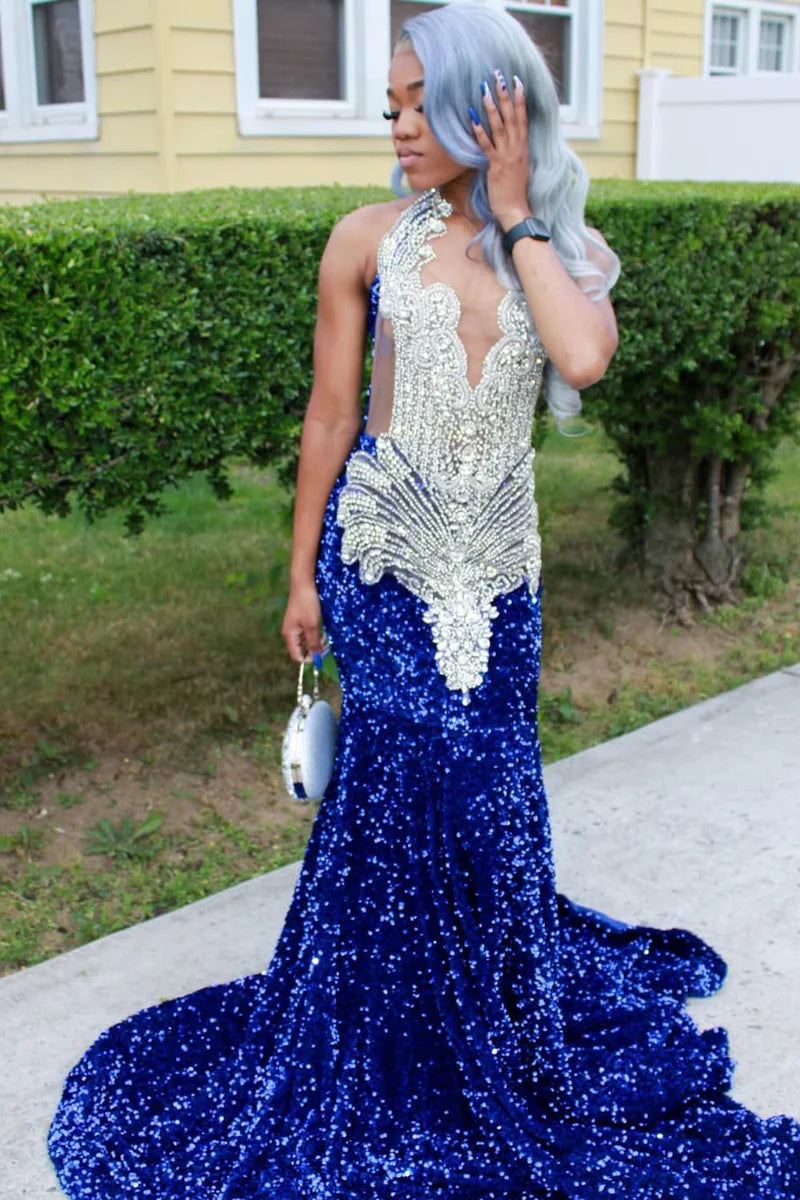 Luxury Royal Blue Sequin Long Prom Dress for black girl