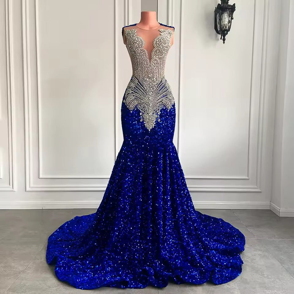Luxury Sparkly Prom Dresses Royal Blue Sequin Mermaid for Black Girl Mychicdress