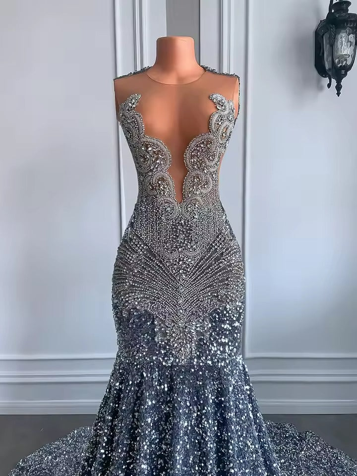 Luxury Sparkly Prom Dresses silver Sequin Mermaid for Black Girl Mychicdress