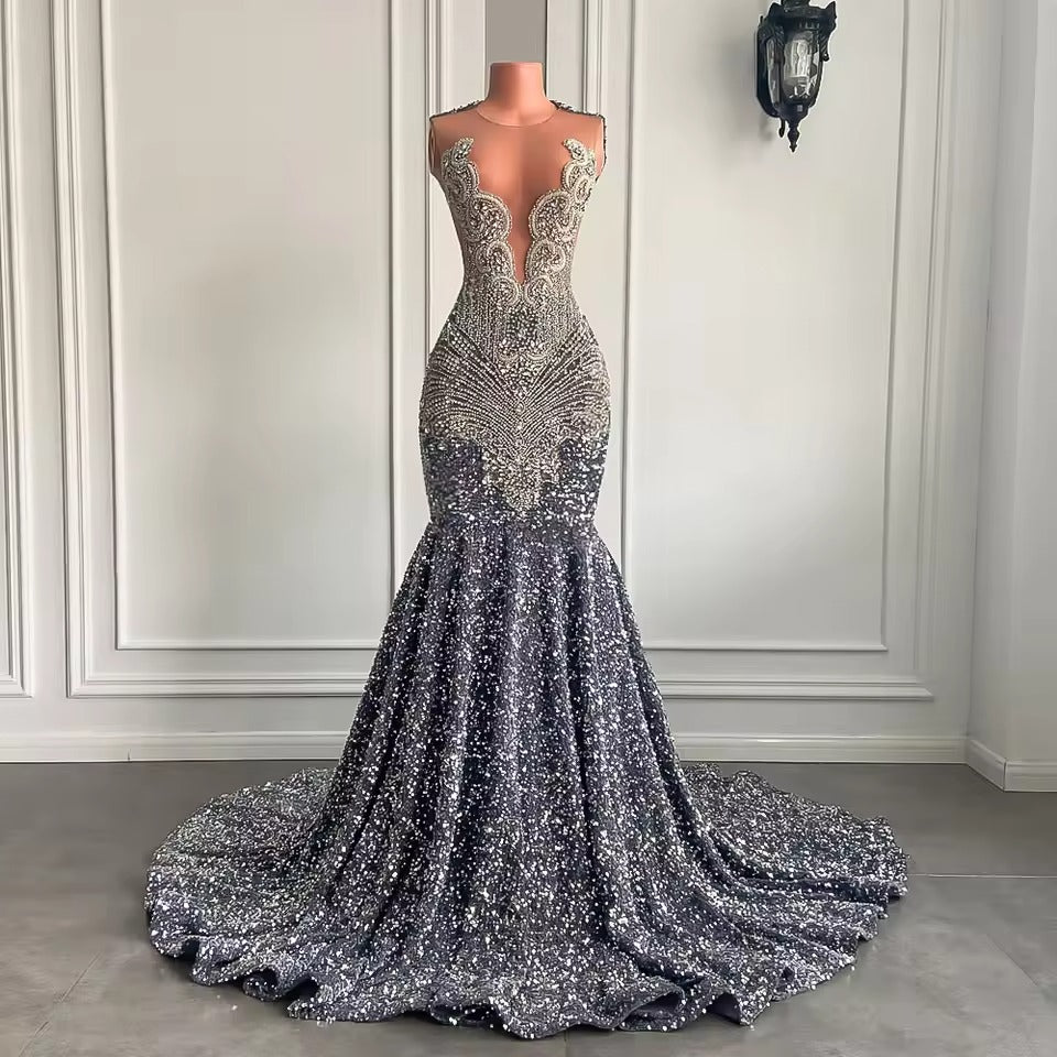 Luxury Sparkly Prom Dresses silver Sequin Mermaid for Black Girl Mychicdress