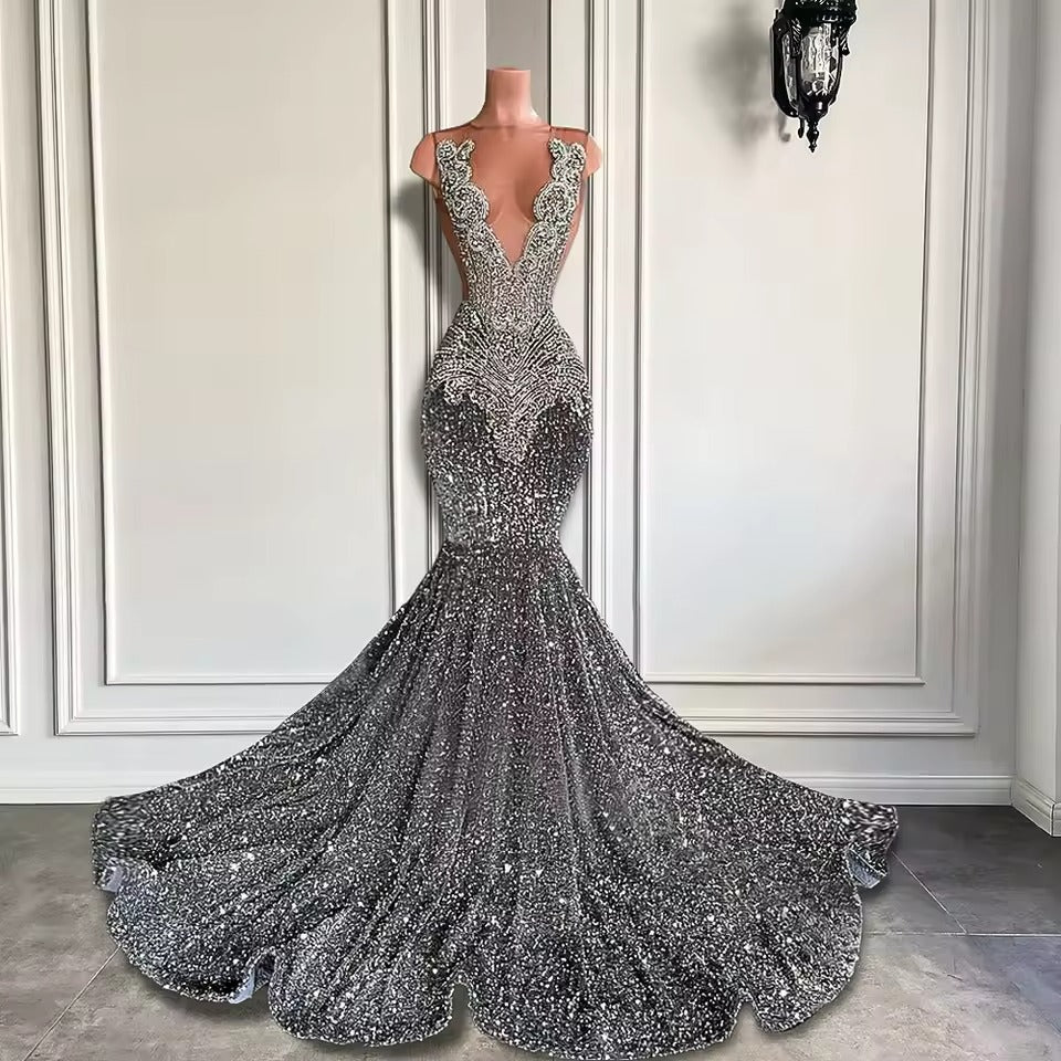Luxury Sparkly Prom Dresses silver Sequin Mermaid for Black Girl Mychicdress
