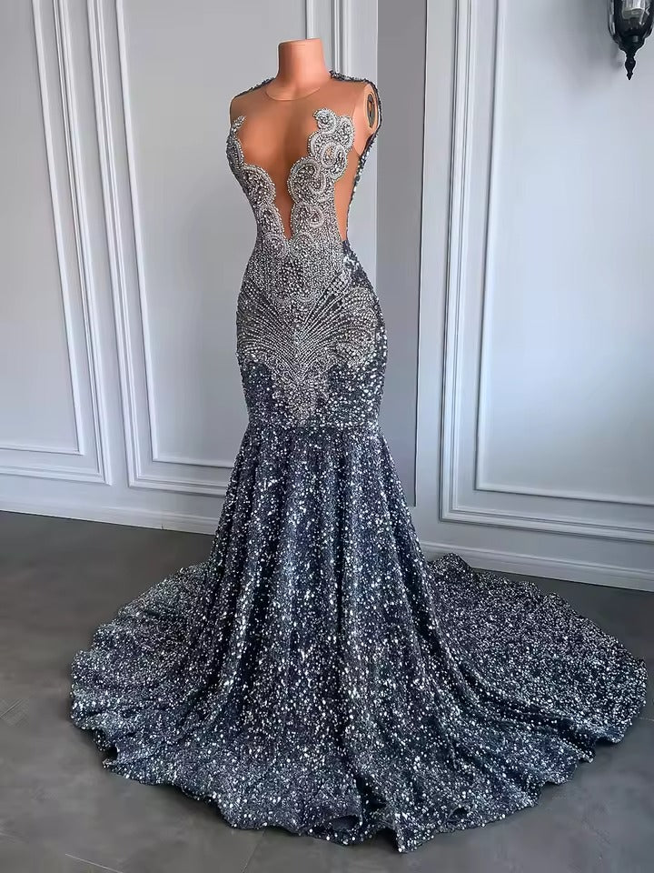 Luxury Sparkly Prom Dresses silver Sequin Mermaid for Black Girl Mychicdress
