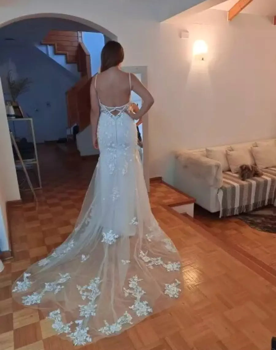Mermaid Beach Lace Boho Wedding Dress UK Appliques Open Back Mychicdress