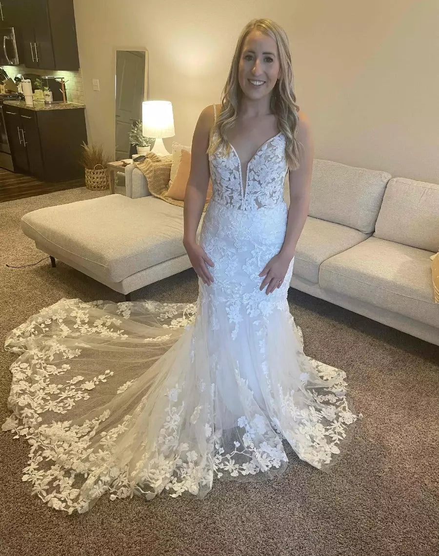 Mermaid Beach Lace Boho Wedding Dress UK Appliques Open Back Mychicdress