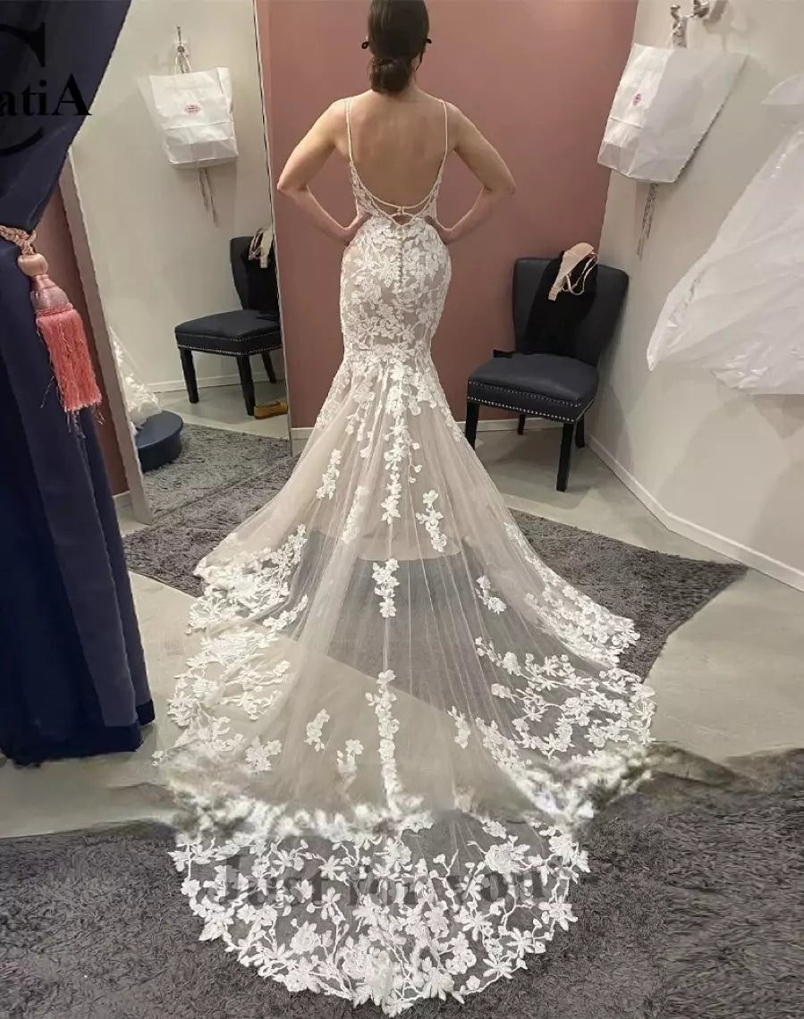 Mermaid Beach Lace Boho Wedding Dress UK Drop Waist Open Back